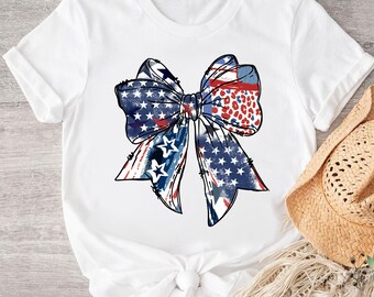 USA Patriotic Bow Shirt, Womens 4th Of July Tee, Cute America Flag Tee, Red White and Blue Shirt, Independence Day Tee, Summer Freedom Shirt