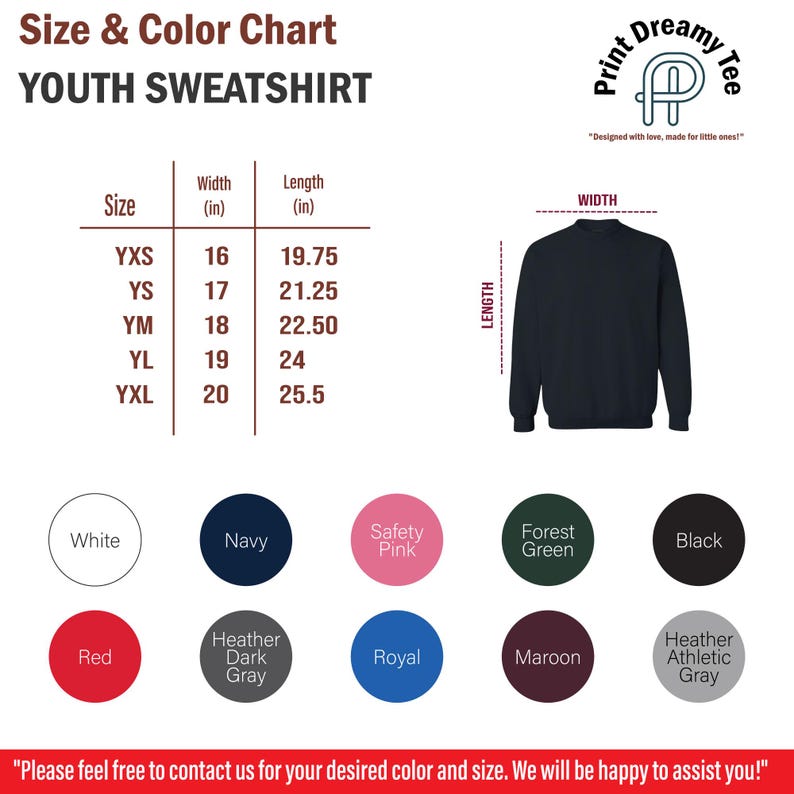 K&ouml;nnte beinhalten: Gr&ouml;&szlig;en- und Farbtabelle f&uuml;r Sweatshirts f&uuml;r Jugendliche. Die Tabelle zeigt Ma&szlig;e in Zoll f&uuml;r Breite und L&auml;nge, von 16" bis 20" breit und 19,75" bis 25,5" lang. Farboptionen sind Wei&szlig;, Marine, Pink, Gr&uuml;n, Schwarz, Rot, Grau, Royal, Bordeaux und Athletic Grey.