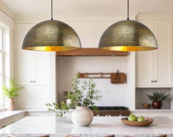 Set of 2 Hammered Brass Dome Pendant Lights, Bronze Farmhouse Kitchen Island Light Fixtures