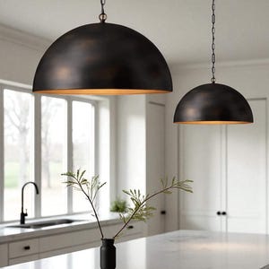 Kitchen Island Black and Gold Dome Pendant Light – Gold Interior Ceiling Lamp with Chain for Dining, Living Room and Entry