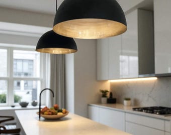 Black Dome Pendant Light – Modern Kitchen Island Ceiling Lamp with Gold Interior