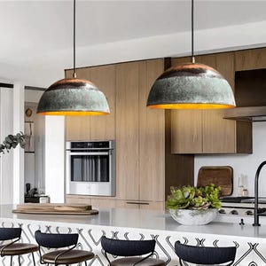 Set of 2 Green Patina Copper Pendant Lamps - Pair Copper Hanging Lamp Shades - Rustic Copper kitchen island Lights — Farmhouse Pendant Light