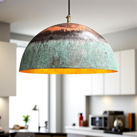 Oxidized Copper Pendant Light for Kitchen Island – Green Patina Farmhouse Hanging Dome Lamp