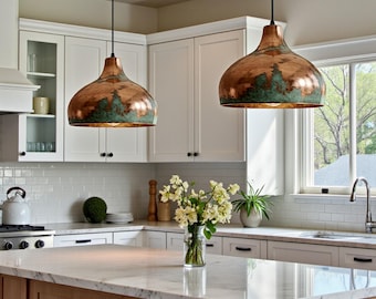 Copper Kitchen Island Pendant Light, Oxidized Green Patina Dome Ceiling Lamp
