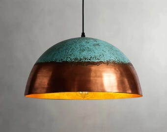 Green Patina Copper Pendant Light – Oxidized Farmhouse Dome Hanging Lamp for Kitchen Island