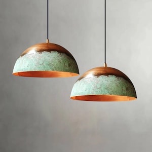 Set of 2 Copper Farmhouse Pendant Lights For Kitchen Island - Handmade Dome Ceiling Lamps, Unique Oxidized Lighting