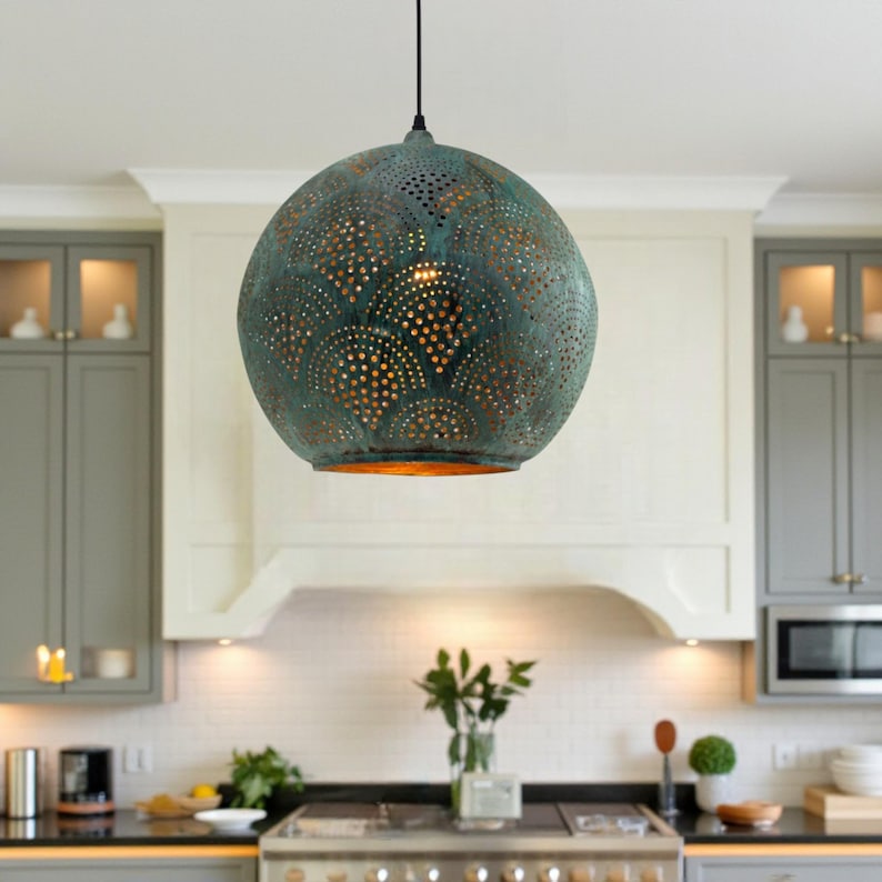 Oxidized Copper Kitchen Island Light – Handmade Perforated Hanging Globe Lamp for Rustic Decor bild 1