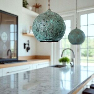 Oxidized Copper Kitchen Island Light – Handmade Perforated Hanging Globe Lamp for Rustic Decor bild 5