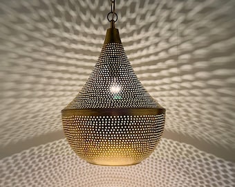 Moroccan Brass Pendant Light, Handmade Pierced Hanging Lantern, Boho Ceiling Lamp