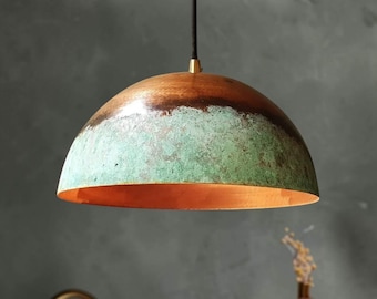 Green Patina Copper Pendant Light, Farmhouse Dome Ceiling Lamp, Kitchen Island Lighting