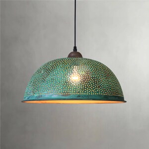 Perforated Copper Dome Pendant Light – Oxidized Green Patina Ceiling Light for Home Lighting