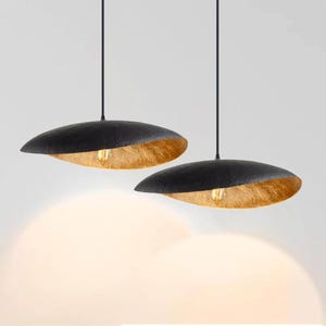 Set of 2 Brass Leaf Pendant Light Fixtures, Pair of Hammered Brass Kitchen Island Lights, Duo Black and Gold Leaf Hanging Lamp Shades — Deco