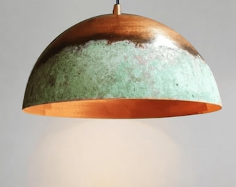 Oxidized Copper Dome Pendant Light – Green Patina Farmhouse Hanging Kitchen Island Lamp for Decoration