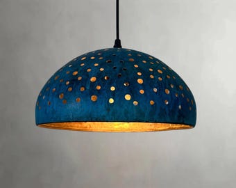Perforated Copper Dome Pendant Light – Handmade Blue Patina Ceiling Lamp for Home Decor
