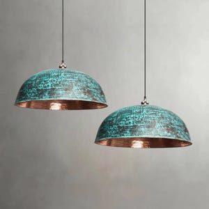 Pair of Oxidized Copper Pendant Lights – Hammered Dome Lamps for Rustic Kitchen Island Lighting