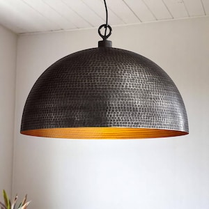Black Kitchen Island Pendant Light, Hammered Brass Dome Light Fixture, Modern Black and Gold Pendant Lamp Shade — Art Deco Lamp
