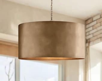 Lámpara colgante de tambor de latón bruñido, luminaria de techo redonda de bronce con cable ajustable — KeshBazzar