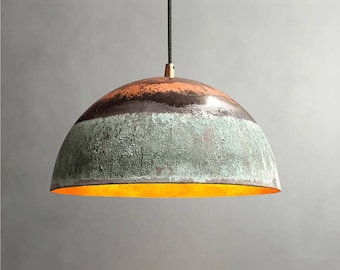 Oxidized Copper Pendant Light for Kitchen Island – Green Patina Farmhouse Hanging Dome Lamp