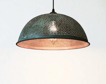 Lampada a sospensione in rame ossidato – Lampada a cupola con patina verde per isola cucina e sala da pranzo
