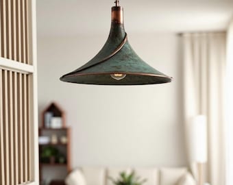 Oxidized Copper Pendant Lamp, Green Patina Dome Kitchen Island Light