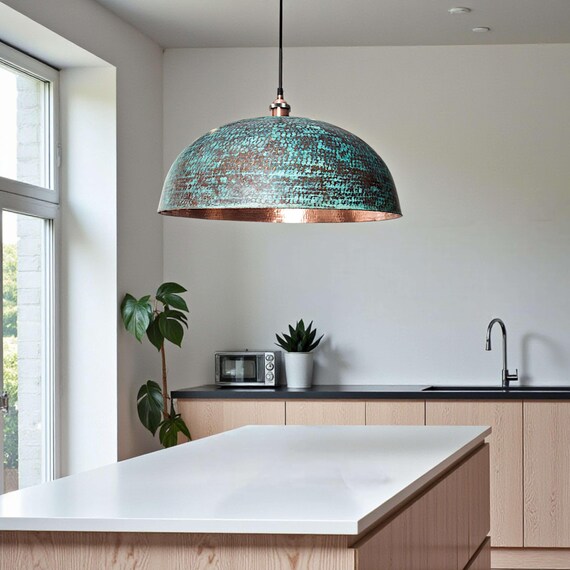 Green Patina Kitchen Island Light - Oxidized Copper Dome Ceiling Lamp with Hammered Finish