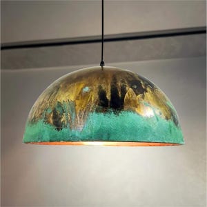 Oxidized Copper Farmhouse Pendant Light for Kitchen Island — Suspended Ceiling Light Fixture Dome Shaped, Green Patina Hanging Lamp Shade