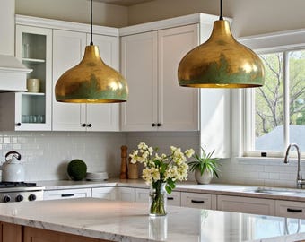 Verdigris Dome Pendant Light for Kitchen Island, Solid Brass Green Patina Hanging Lamp