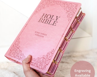 Pink Bible with Tabs for Women Christian Bible Faux Leather Bible Tabs Personalized Engraved Bible KJV with Large Font Bible Gift for Women