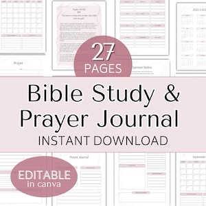 以下が含まれることがあります： 27ページのピンクと白の印刷可能な聖書研究と祈りジャーナル。このジャーナルはCanvaで編集可能で、カレンダー、祈りページ、説教ノートが含まれています。