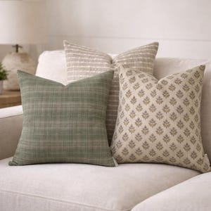 Set di federe in stile rustico / Quadri verde salvia e motivi botanici, 45x45 cm