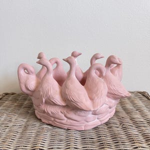 Vintage 1994 Signed Ceramic Bowl Vase – Pink Geese in Nest – Oval Planter, Cottagecore Farmhouse Decor