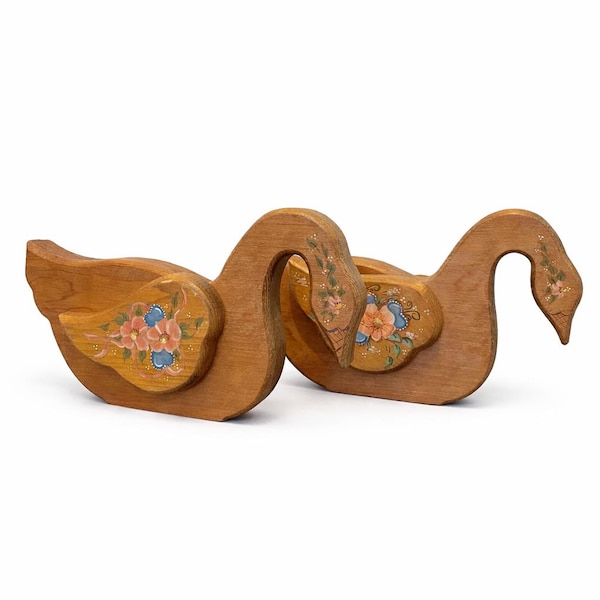 Vintage Tole Painted Wooden Swans: Cottagecore Floral Home Decor