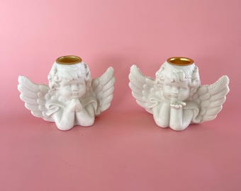 Par de portavelas con forma de ángel / Decoración vintage con querubines / Regalo de estilo shabby chic para la habitación del bebé / Detalle decorativo celestial para el hogar