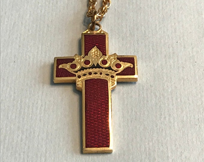 Red Guilloche Enamel Cross With Crown Necklace | Etsy