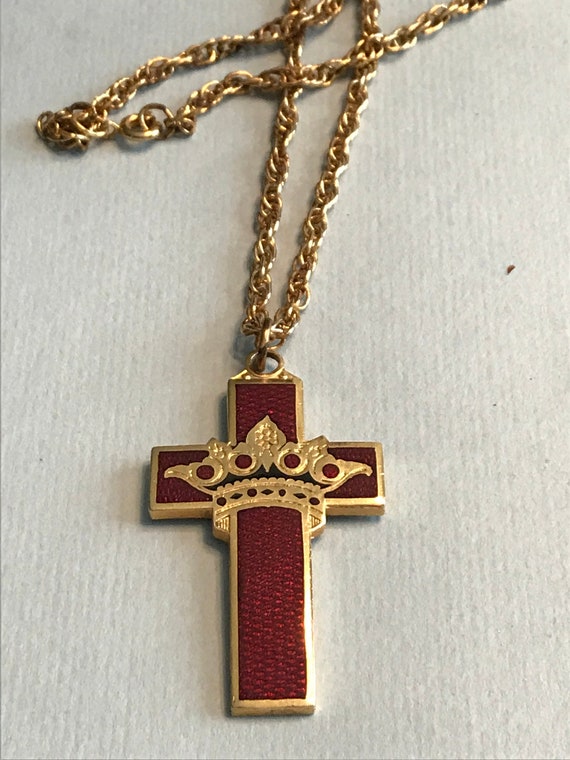 Red Guilloche Enamel Cross with Crown Necklace | Etsy