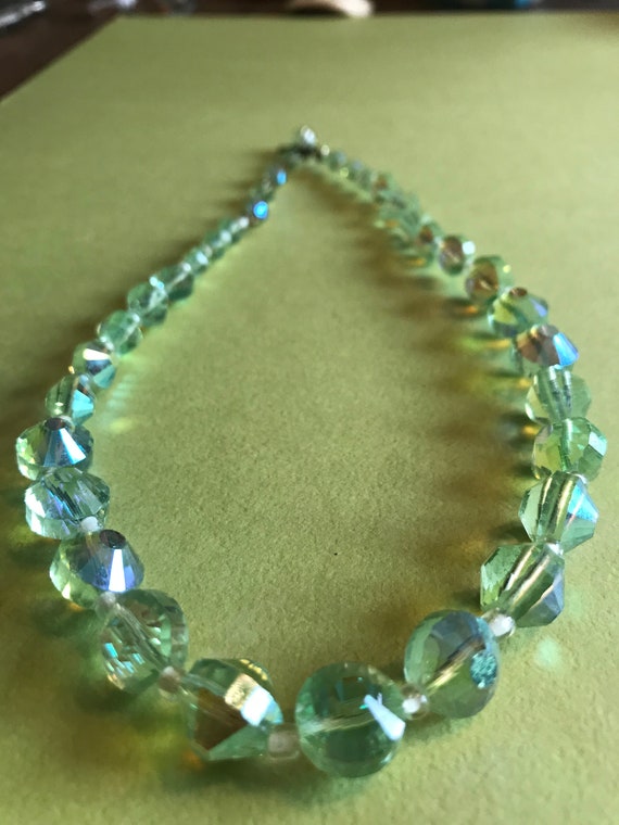 Beaded Art Glass Light Green Opalescent Pearlescent and Green Aurora Borealis Beads Necklace Cluster Beaded Clip On Earrings 1940s 1950s