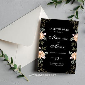 Carte d'invitation florale noire de noce | Carte de mariage | Invitation numérique | Faire-part de mariage modifiable | Carte d'invitation imprimable |