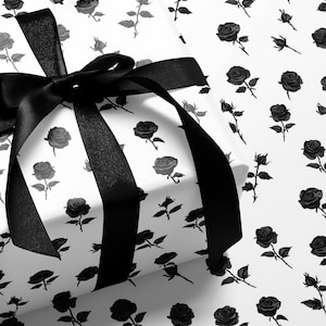 Minimalist Black Rose Gift Wrap - Elegant Wrapping Paper for Weddings, Goth Aesthetic, Birthdays, Valentine&#39;s Day, & Special Occasions