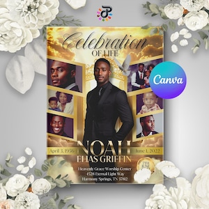 Golden Heaven Celebration of Life Event Bi-fold Booklet | Canva Template 8.5x11 | Obituary Memorial Program | 4-Page Funeral Design Keepsake