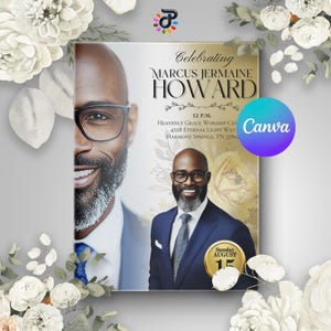 Celebration of Life Program Obituary Template: Gold Floral, Magazine Style (Canva Editable, 8.5x11)