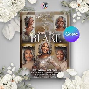Celebration of Life Program Obituary Template: Gold Floral Design (Canva, 8.5x11 Bi-fold Booklet)