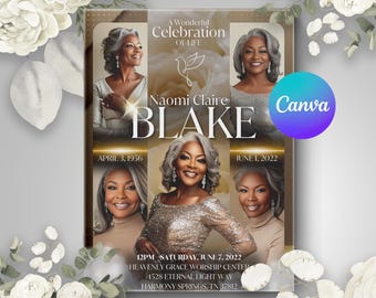 Celebration of Life Program Obituary Template: Gold Floral Design (Canva, 8.5x11 Bi-fold Booklet)
