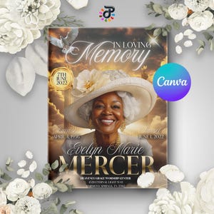 Heavenly Celebration of Life Program Obituary Template: Gold Floral Funeral Booklet (Canva, 8.5x11, Digital Download