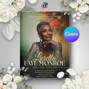 Floral Celebration of Life Program Obituary Template: Funeral Bifold Booklet (Canva Editable, Digital Download