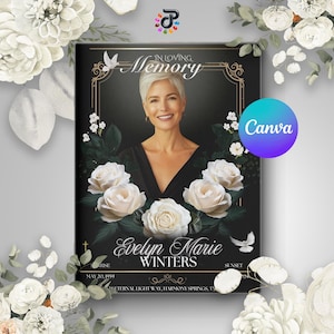 Floral Gold Funeral Program Canva Obituary Template: Celebration of Life (8.5x11, Digital Download)