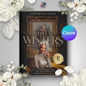 Golden Frame Celebration of Life Program: Funeral Memorial Canva Obituary Template (8.5x11, Digital Download