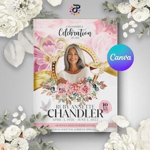 Pink & Gold Celebration of Life Obituary Template Program Floral Funeral Bi-Fold (Canva Template 8.5x11)