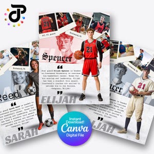 Plantilla de póster de jugador de deportes de baloncesto, béisbol y fútbol para día de juego en Canva / Digital / Para póster de jugador sénior o universitario