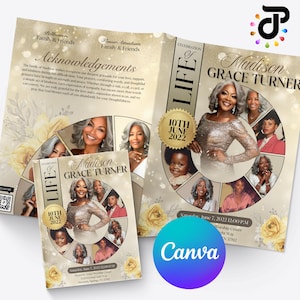 Plantilla elegante de Canva para obituario / Folleto plegable para celebración de la vida (8,5 x 11 pulgadas) / Beige / Programa conmemorativo de 4 a 8 páginas, diseño funerario, recuerdo