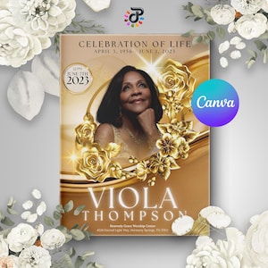 Golden Celebration of Life Program Template: Funeral Obituary Booklet (Canva Editable, Digital Download